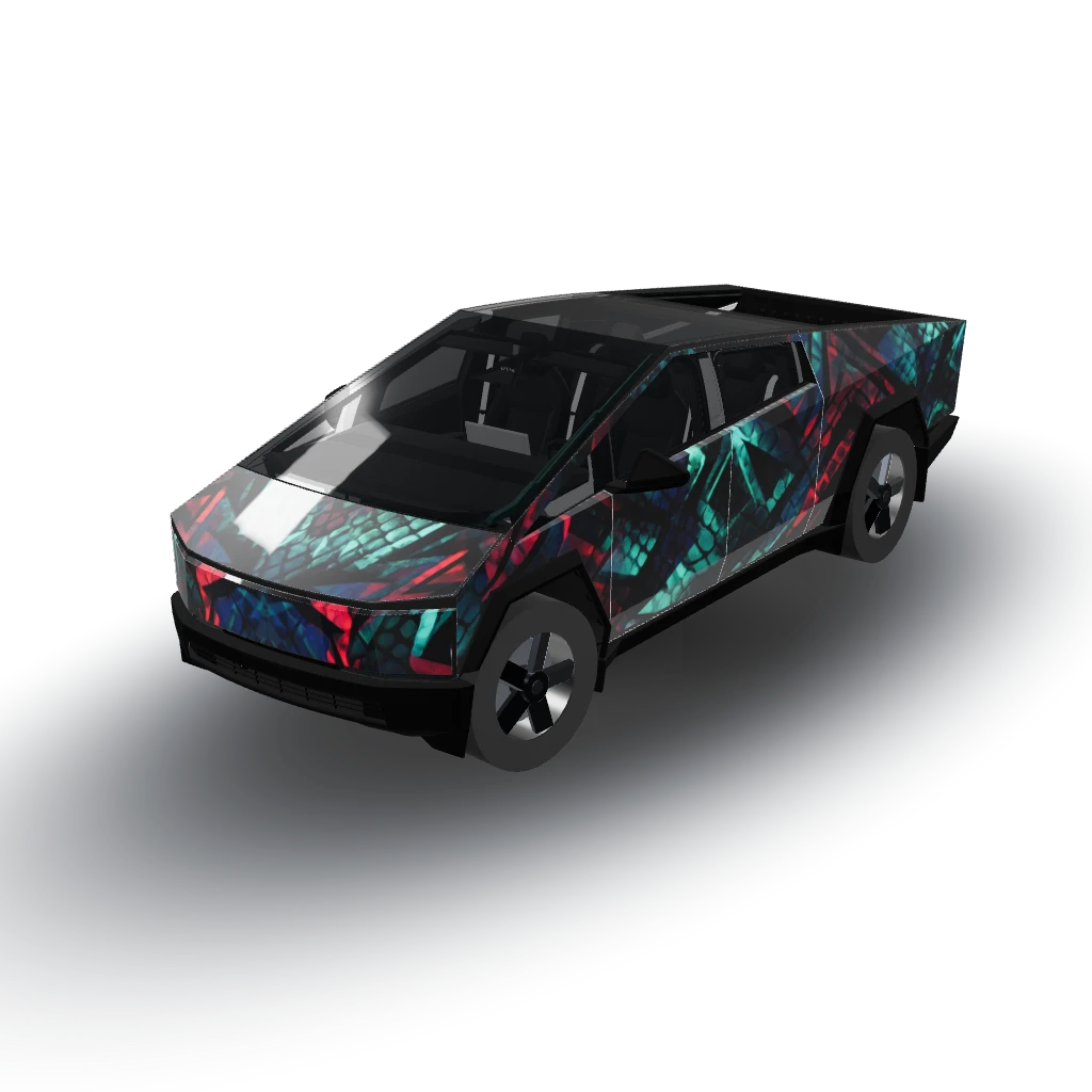 White eyes black dragon theme — a Cybertruck wearing this AI wrap design