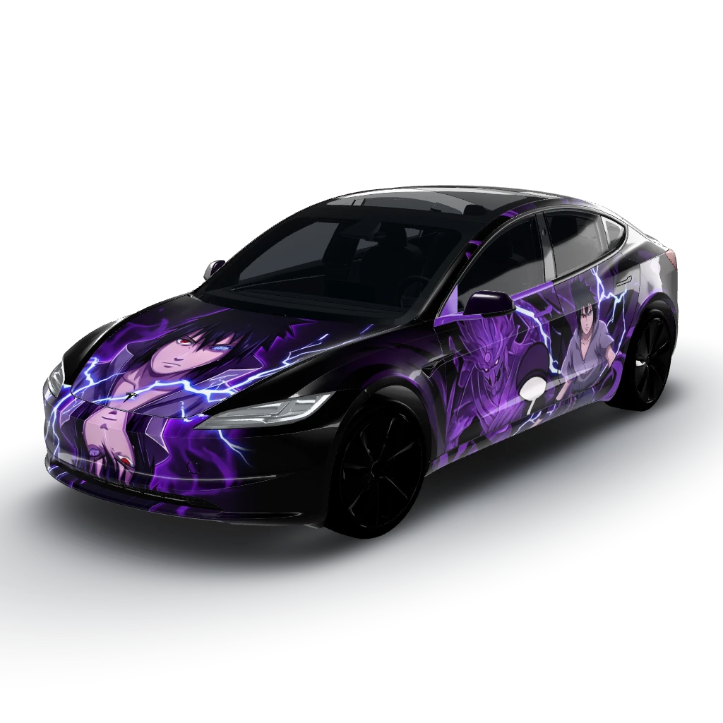 Full Sasuke wrap with a black and purple — a Model 3 (2024+) Standard & Premium wearing this AI wrap design