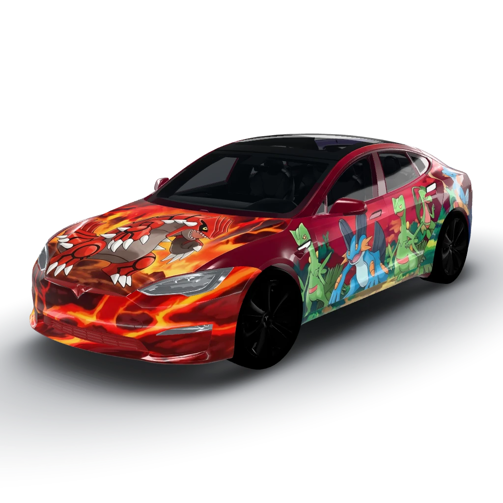 Pokemon ruby red theme — a Model S (2021+) wearing this AI wrap design