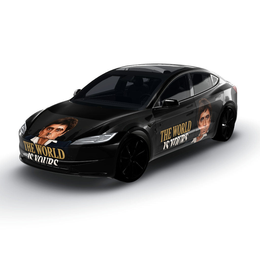Scarface Tony Montana with the world — a Model 3 (2024+) Standard & Premium wearing this AI wrap design