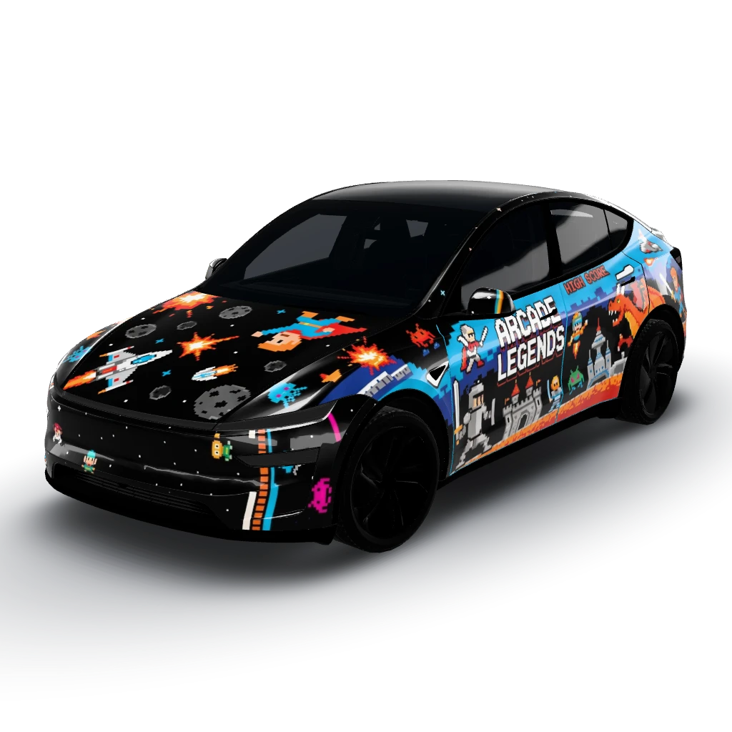 8-bit arcade cabinet side art — a Model Y (2025+) Premium wearing this AI wrap design