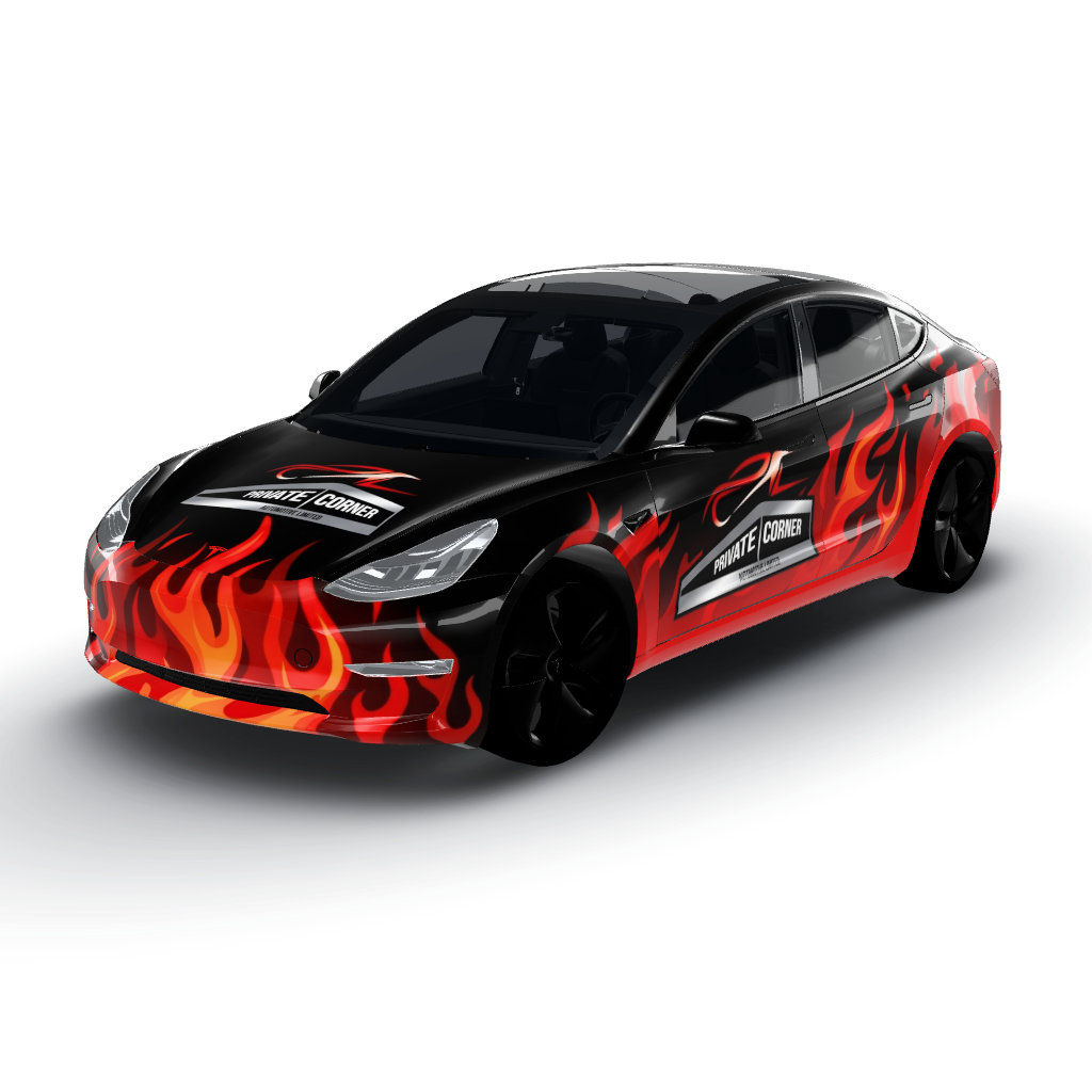 Features a dynamic red flame livery — a Model 3 wearing this AI wrap design