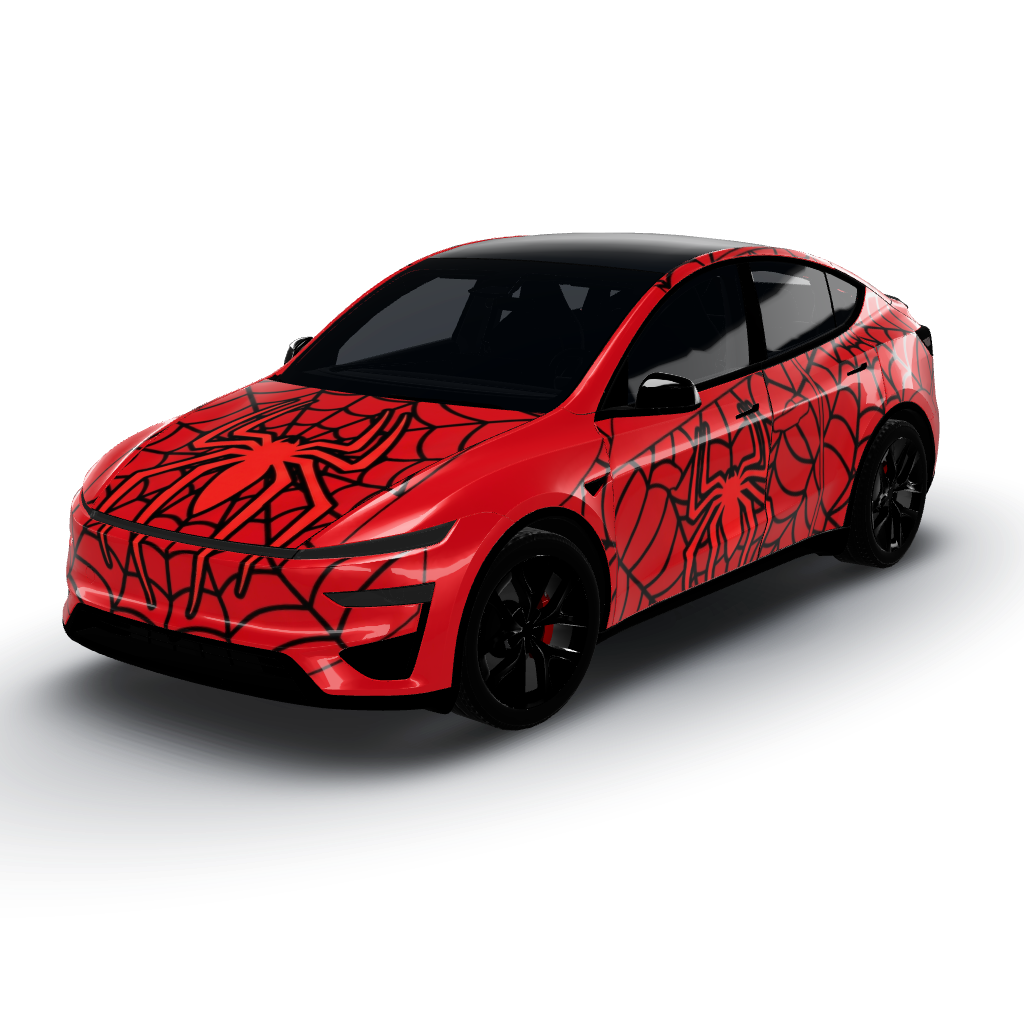 Striking red and black color palette — a Model Y (2025+) Performance wearing this AI wrap design