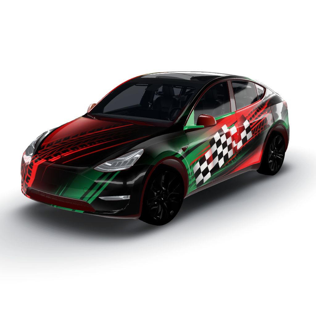 Dynamic design inspired by the thrill — a Model Y wearing this AI wrap design