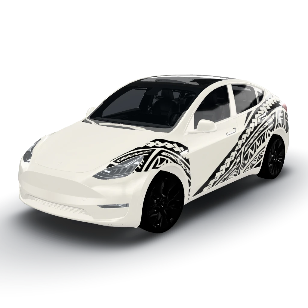 Pearl white base with a matte black — a Model Y wearing this AI wrap design
