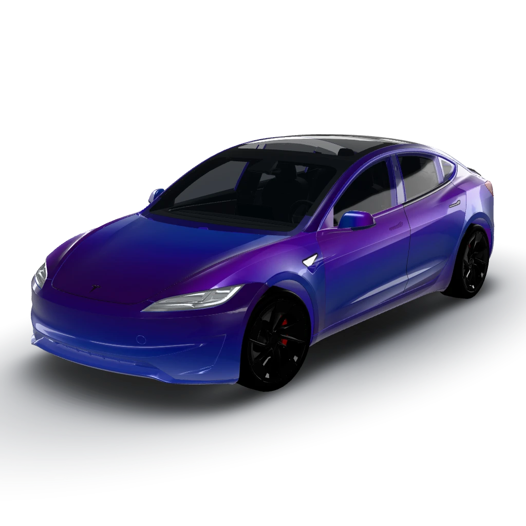 Midnight blue to purple gradient — a Model 3 (2024+) Performance wearing this AI wrap design