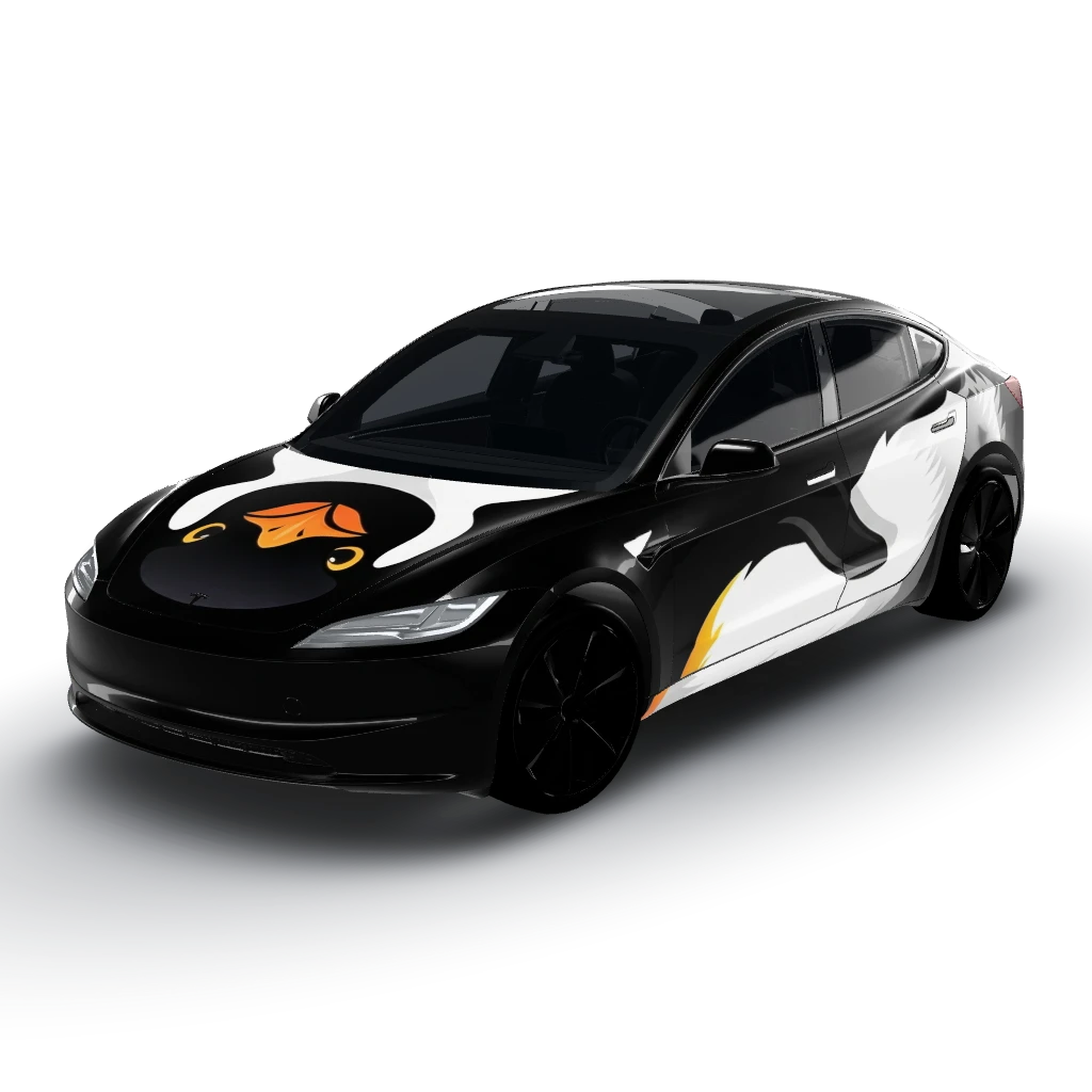 Penguin for a warp — a Model 3 (2024+) Standard & Premium wearing this AI wrap design
