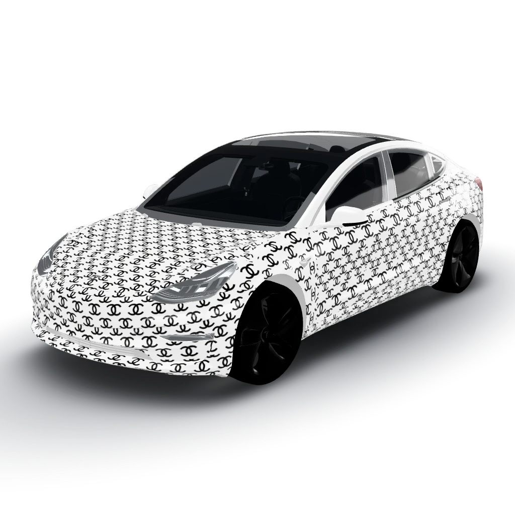 Matte black and white wrap for your Model 3 — a Model 3 wearing this AI wrap design