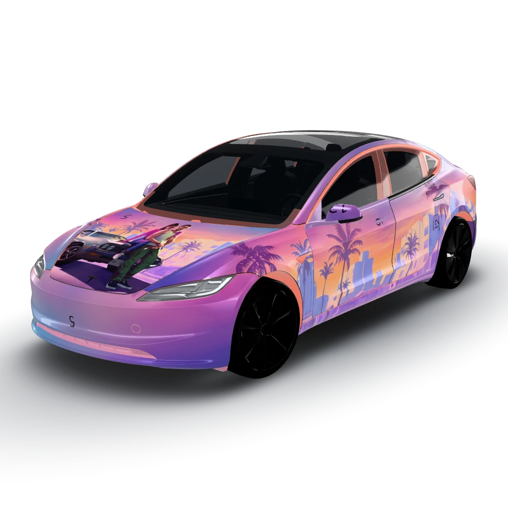 Grand theft auto VI logo on the hood — a Model 3 (2024+) Standard & Premium wearing this AI wrap design