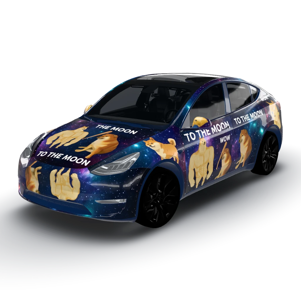Buff doge, bonk, shiba inu and doge all — a Model Y wearing this AI wrap design