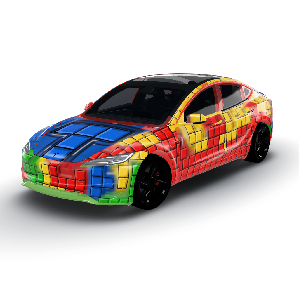 Falling tetromino blocks in primary colors — a Model 3 (2024+) Performance wearing this AI wrap design