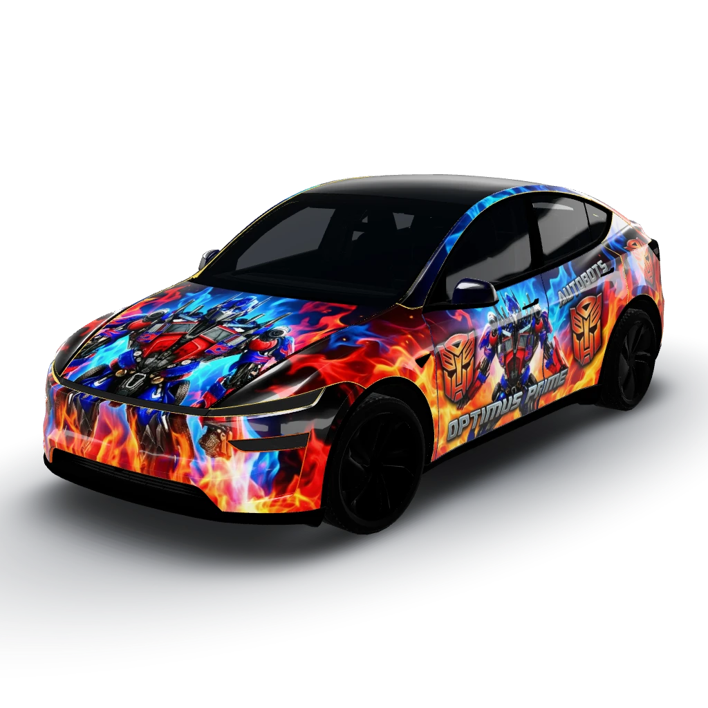 Optimus prime fire decal — a Model Y (2025+) Premium wearing this AI wrap design