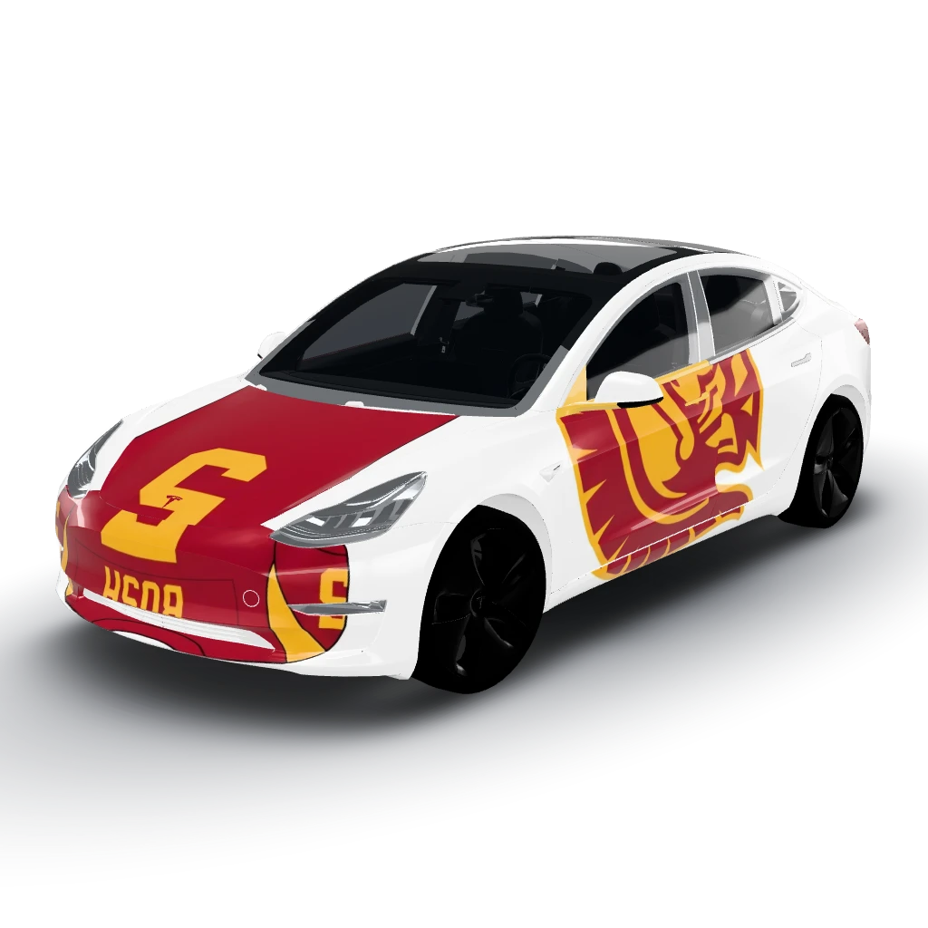White - Large USC football logos on both — a Model 3 wearing this AI wrap design