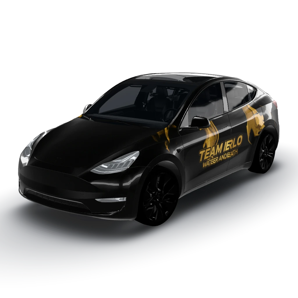 Quiero un grap con el nombre de mi compañía — a Model Y wearing this AI wrap design