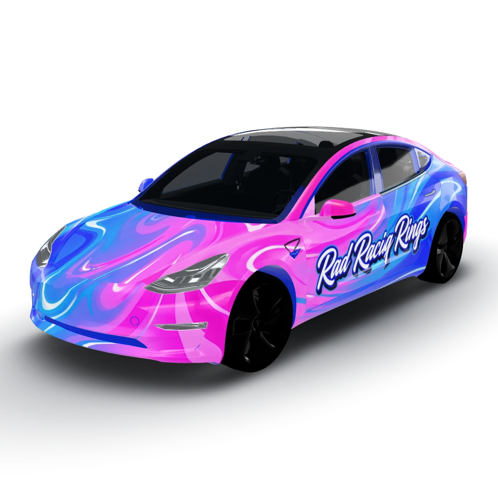 Electric pinks, blues, and white - Design — a Model 3 wearing this AI wrap design