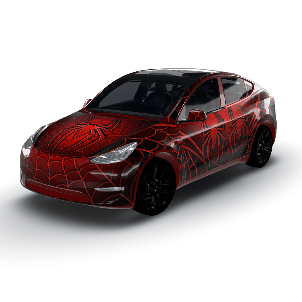 Striking red and black color palette — a Model Y wearing this AI wrap design