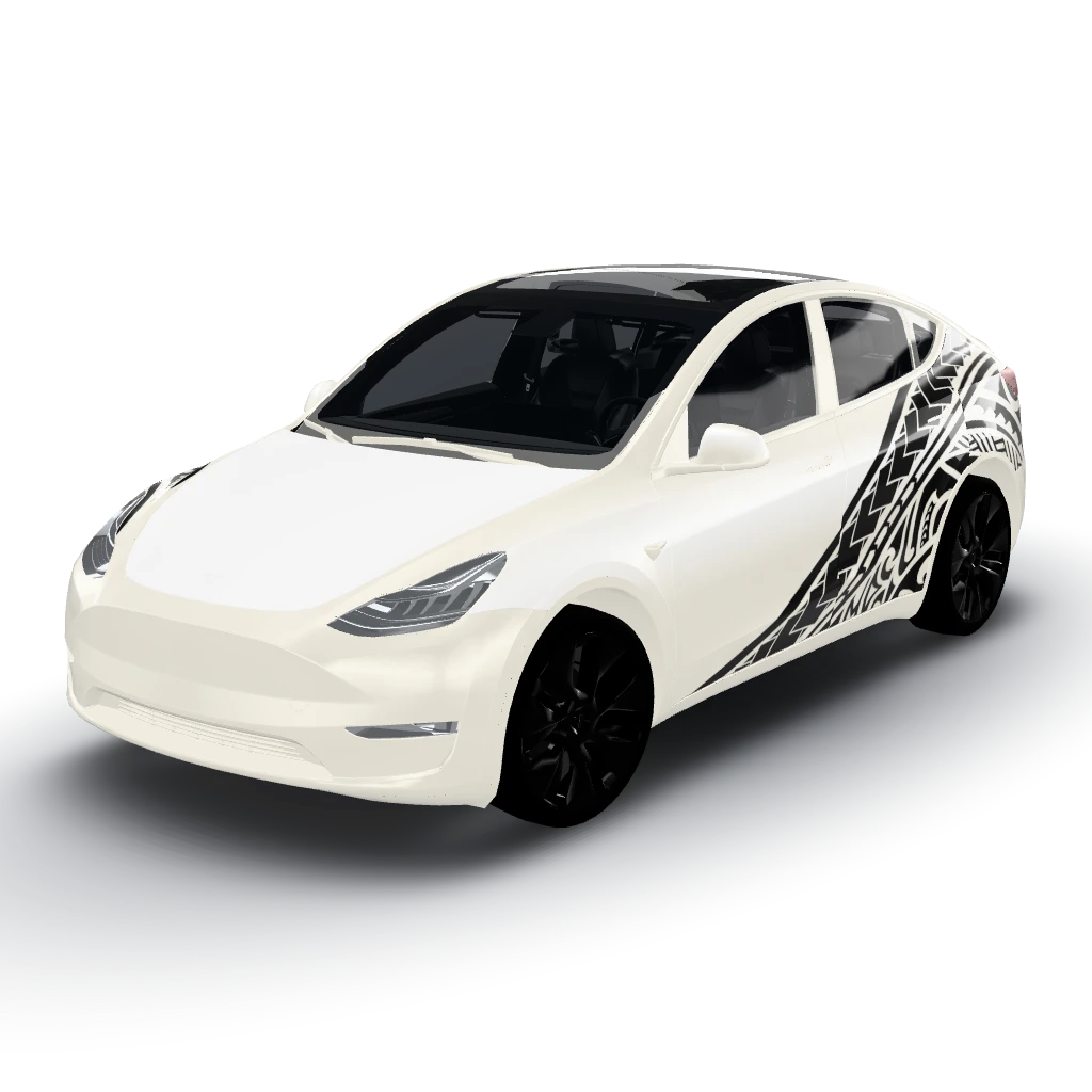 Pearl white base with a matte black — a Model Y wearing this AI wrap design