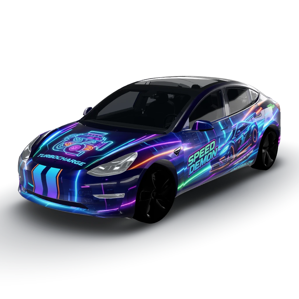 Neon underglow street racer — a Model 3 wearing this AI wrap design