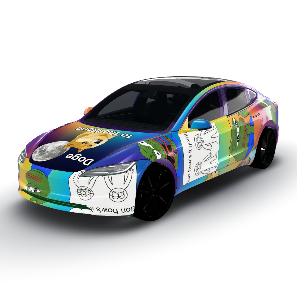 Meme inspired wrap with all the best memes — a Model 3 (2024+) Standard & Premium wearing this AI wrap design