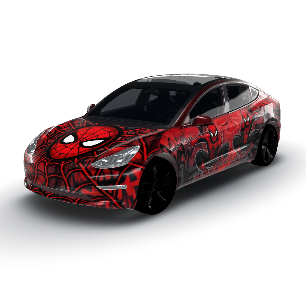 Large, centered Spider-Man mask emblem — a Model 3 wearing this AI wrap design
