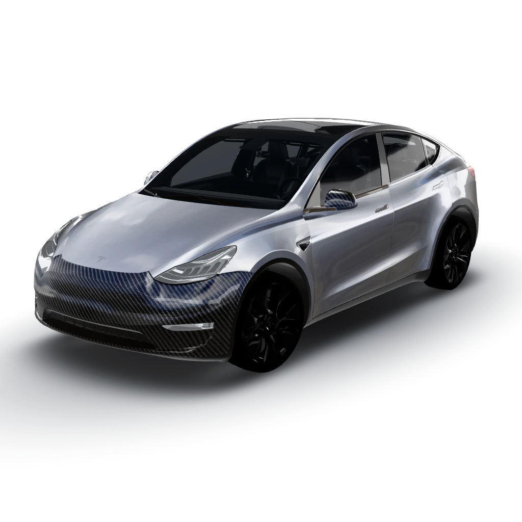 Quicksilver oem paint, carbon skirt hood — a Model Y wearing this AI wrap design