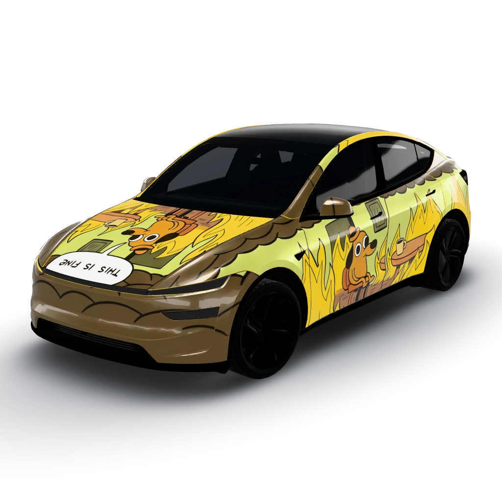 This is fine flames — a Model Y (2025+) Premium wearing this AI wrap design