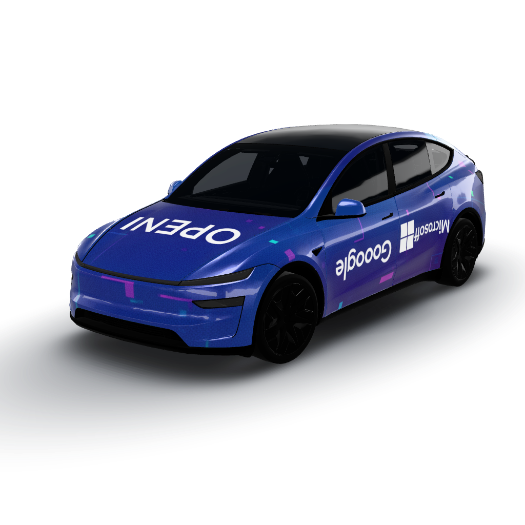 Vibrant and dynamic color palette — a Model Y L wearing this AI wrap design