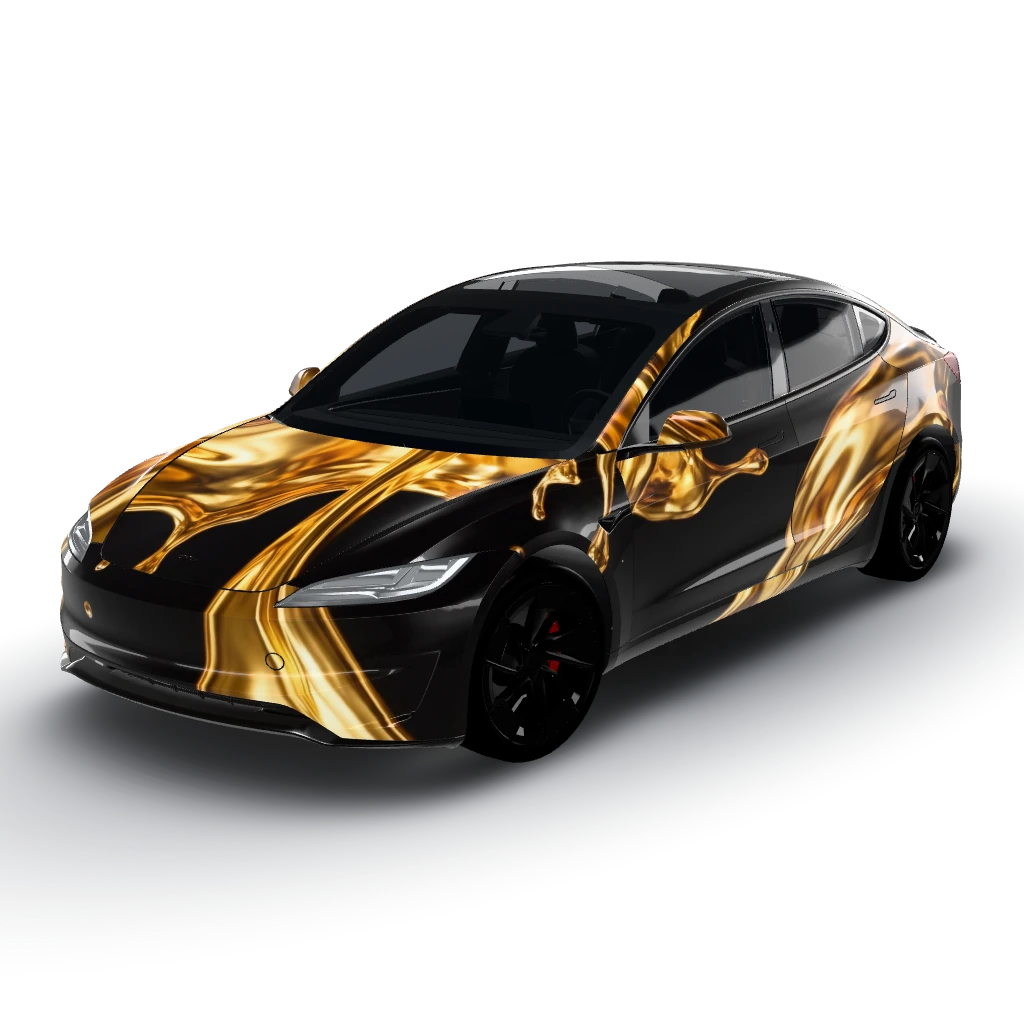 Liquid gold pour effect on a matte black — a Model 3 (2024+) Performance wearing this AI wrap design