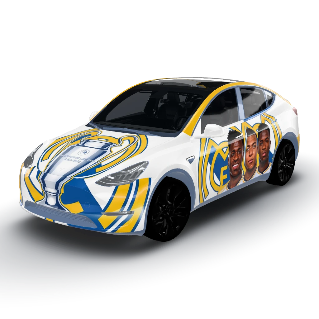 Go with the big Real Madrid logo — a Model Y wearing this AI wrap design