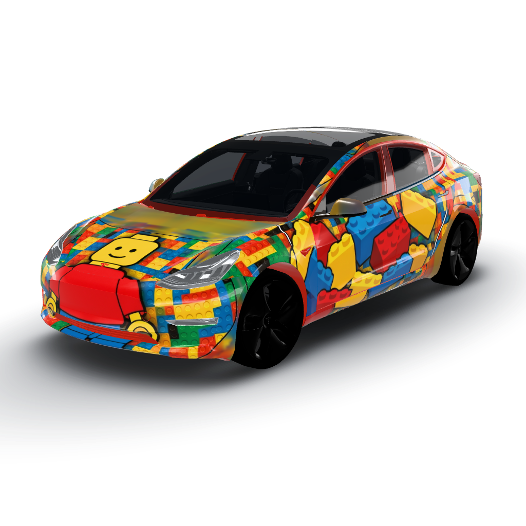 Artwork features a vibrant color palette — a Model 3 wearing this AI wrap design