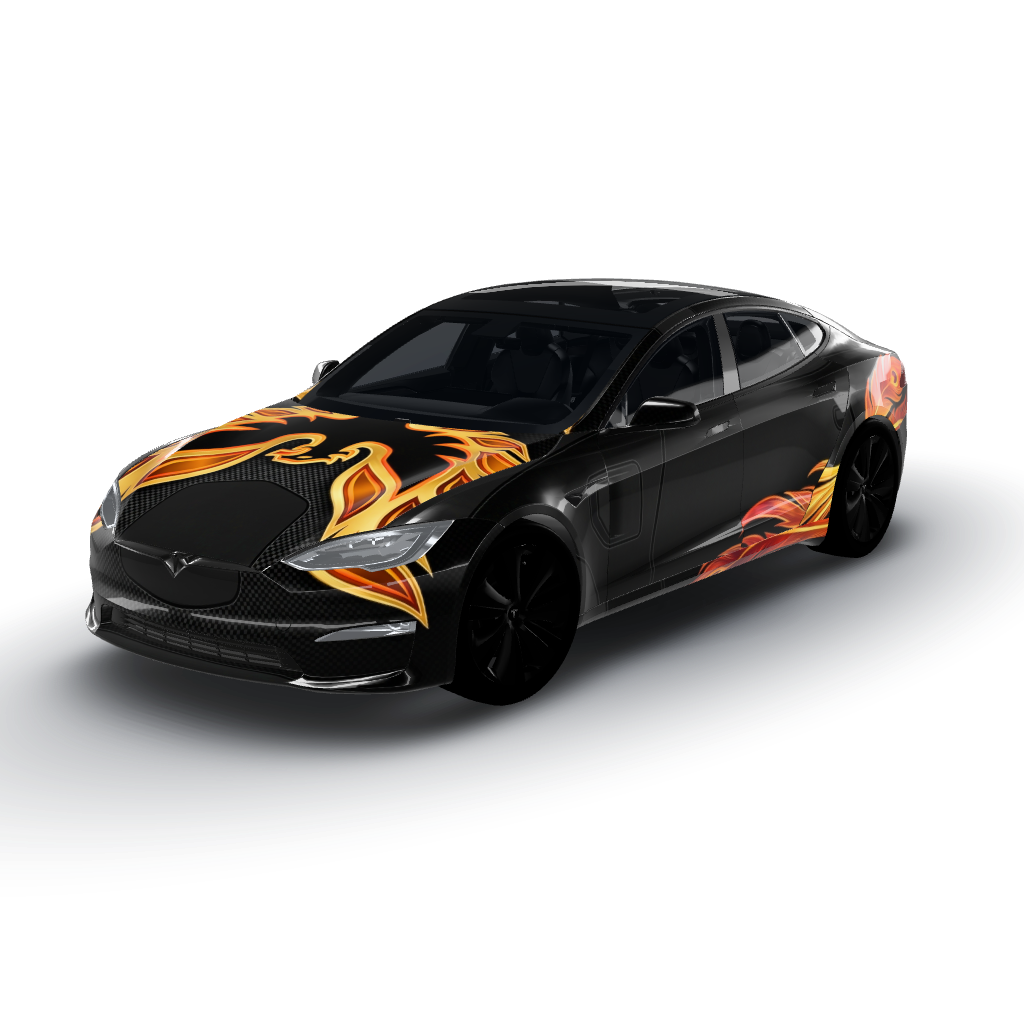 Matte black serves as the base color — a Model S (2021+) wearing this AI wrap design