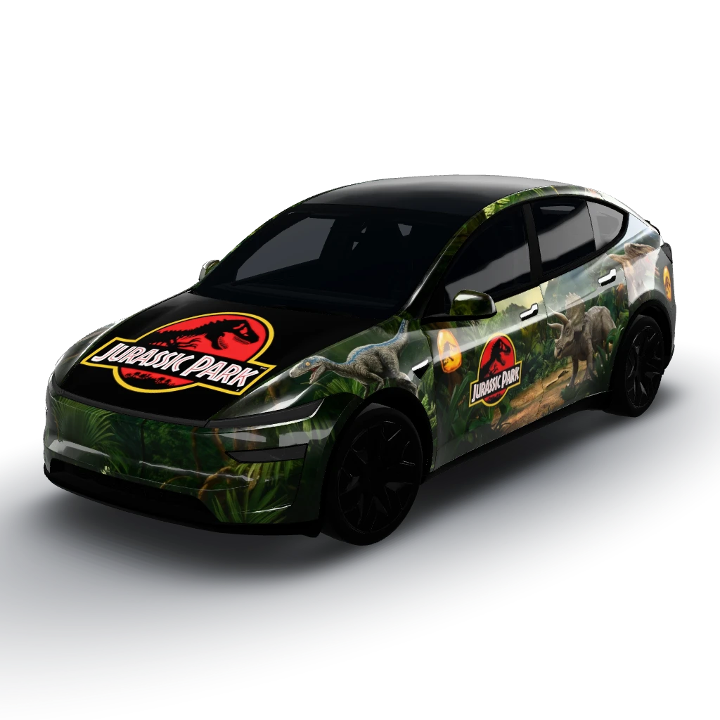 Jurassic — a Model Y L wearing this AI wrap design