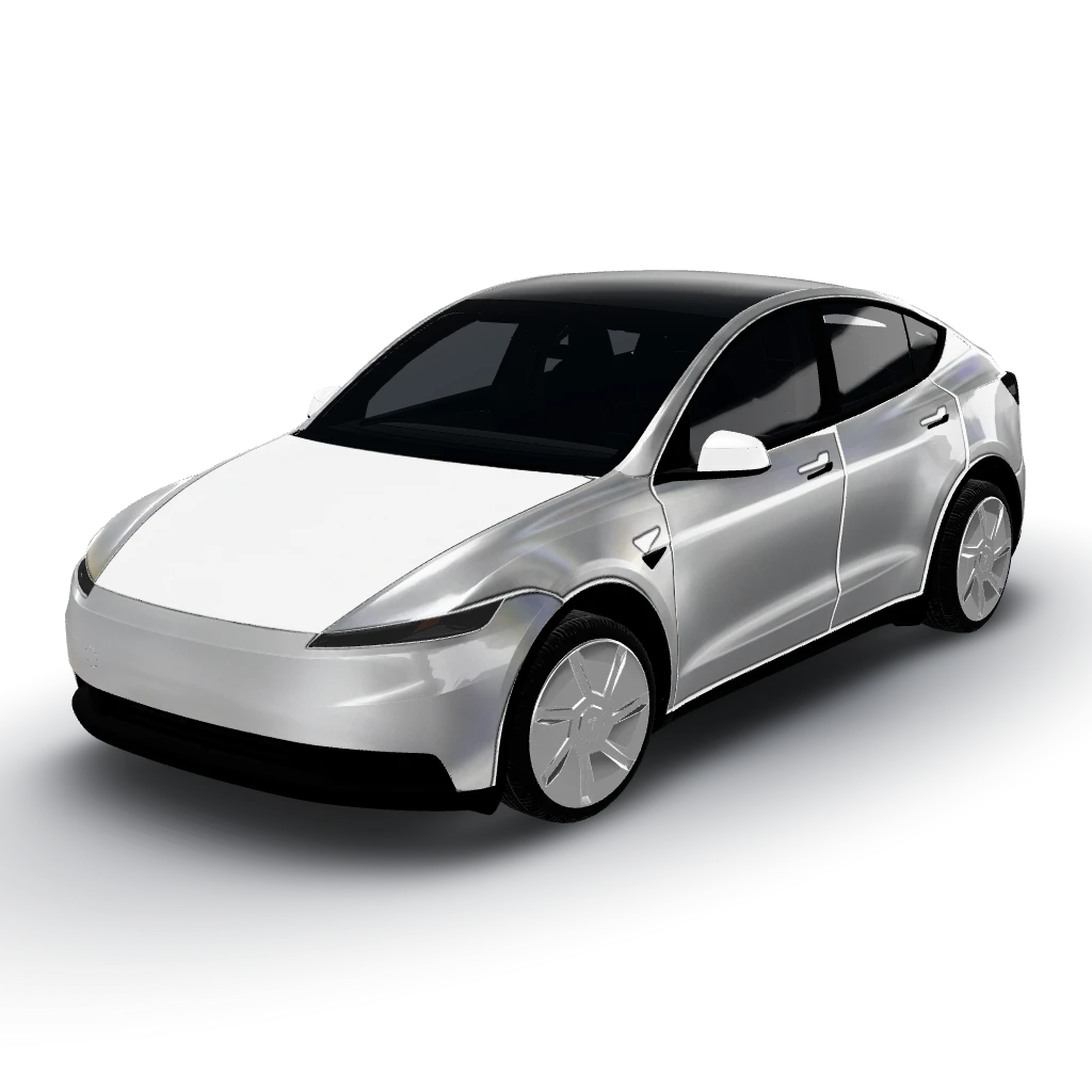Iridescent oil-slick chrome that shifts — a Model Y (2025+) Standard wearing this AI wrap design