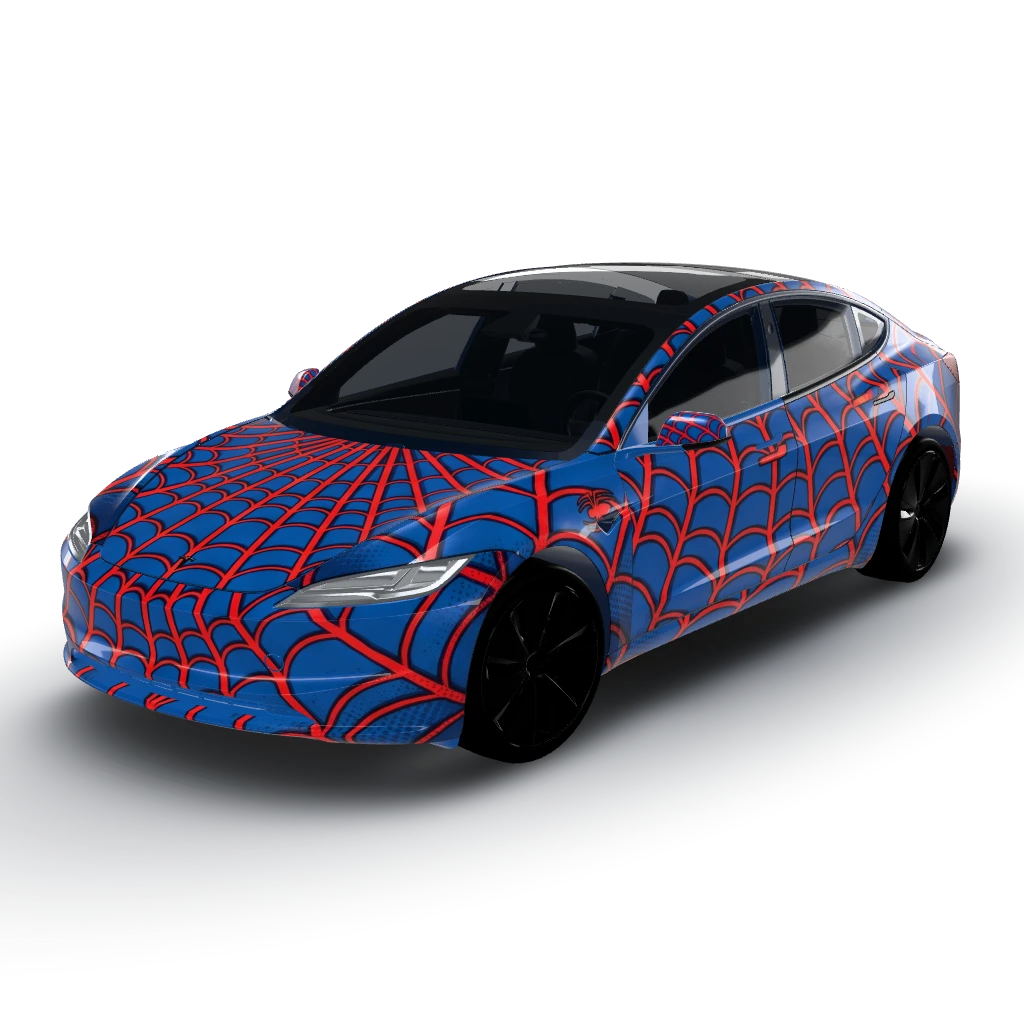 Spider-Man web-slinger red & blue — a Model 3 (2024+) Standard & Premium wearing this AI wrap design