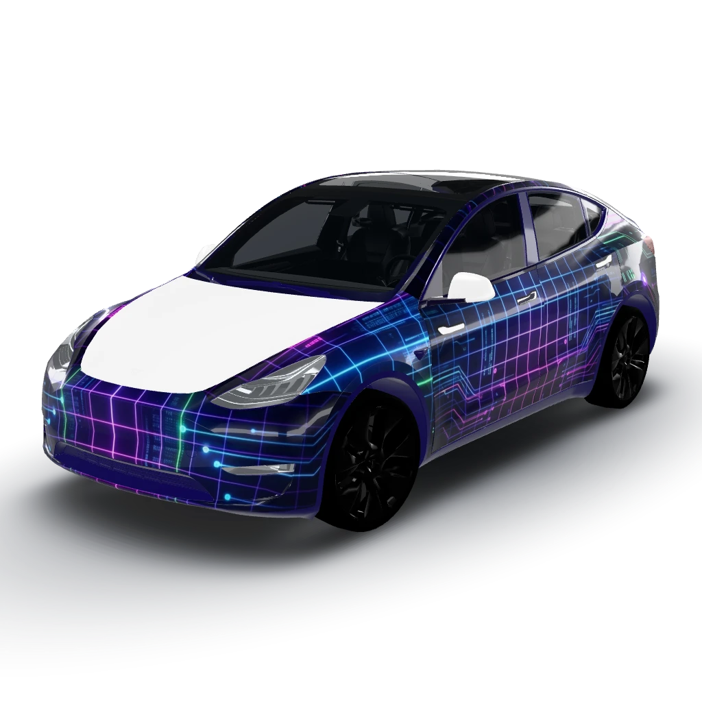 Cyberpunk neon grid on a dark base — a Model Y wearing this AI wrap design