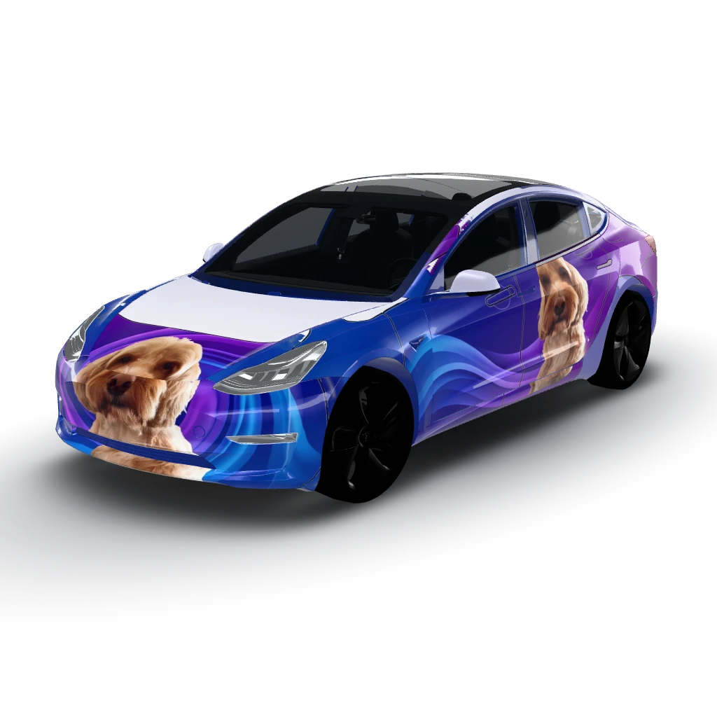 Midnight blue to purple gradient — a Model 3 wearing this AI wrap design