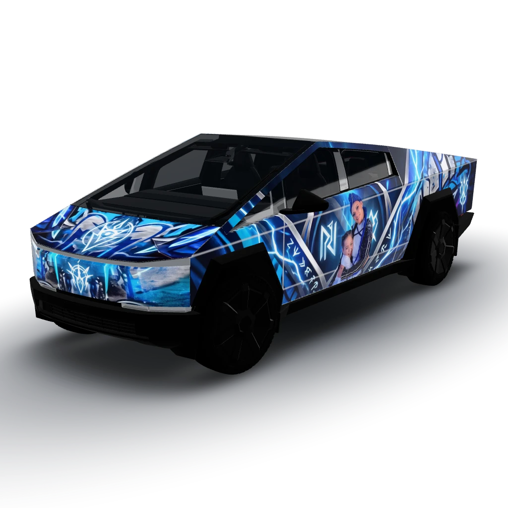 Hood, we'll feature the two figures — a Cybertruck wearing this AI wrap design