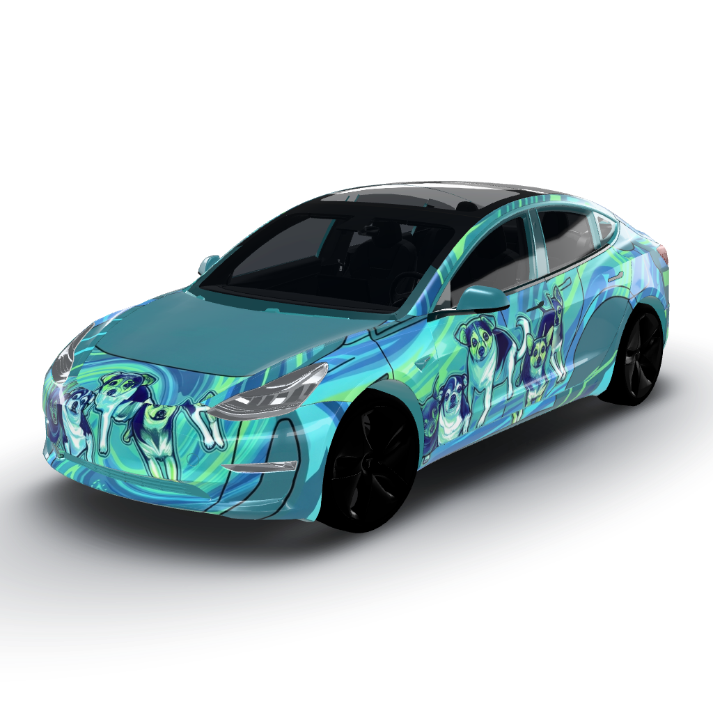 Vibrant color palette dominated by electric — a Model 3 wearing this AI wrap design