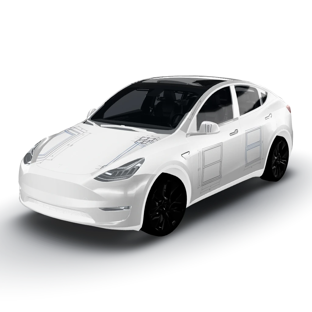 Premium wrap for a 2023 Tesla Model Y — a Model Y wearing this AI wrap design