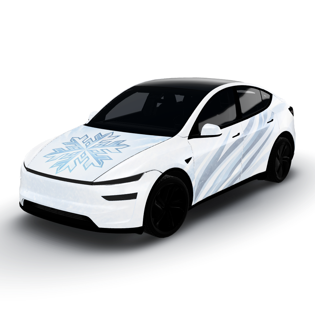 Sporty winter and snowflakes racing style — a Model Y (2025+) Premium wearing this AI wrap design