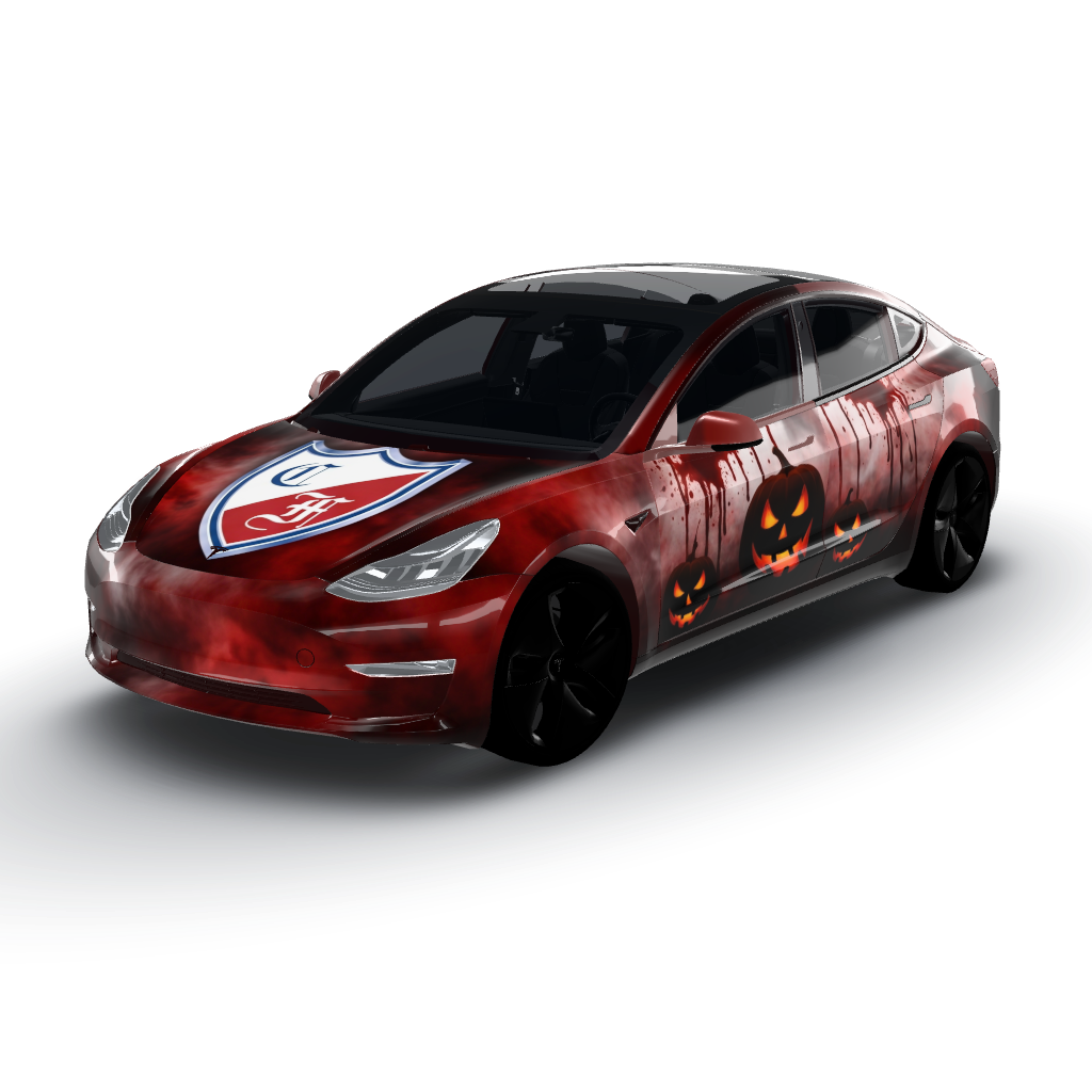 Features a hauntingly vibrant color palette — a Model 3 wearing this AI wrap design