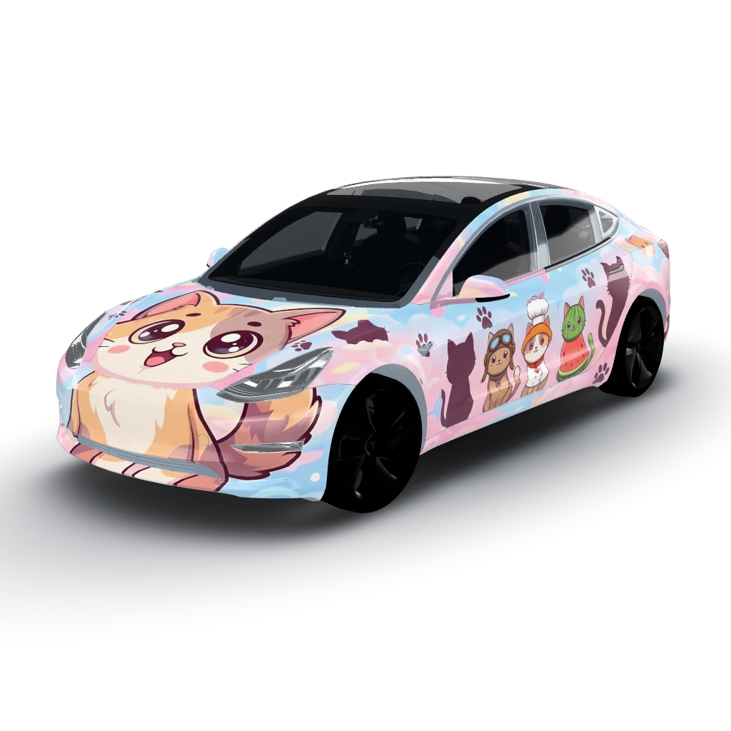Features a whimsical cat theme — a Model 3 wearing this AI wrap design