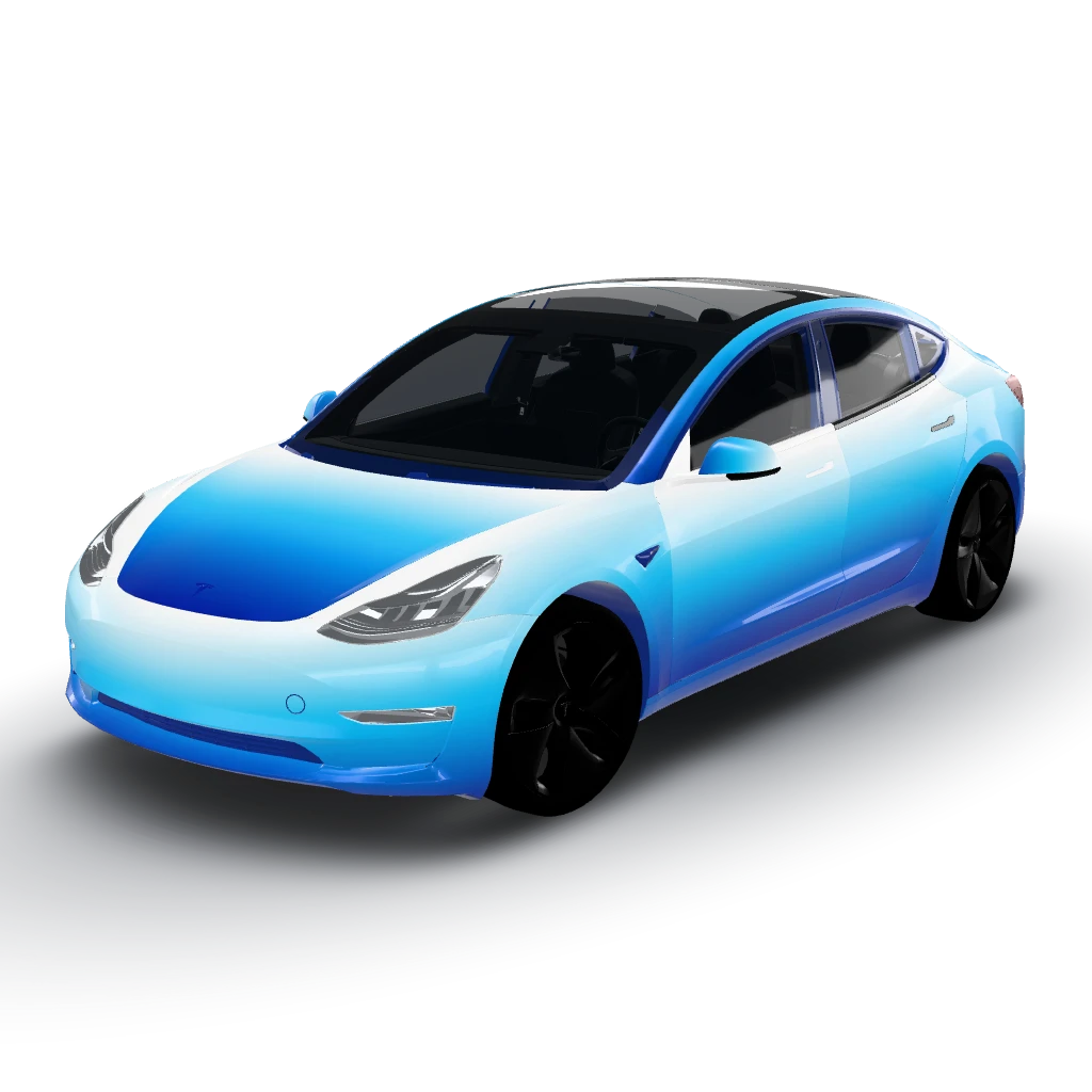 Dark blue fading into light blue fading — a Model 3 wearing this AI wrap design
