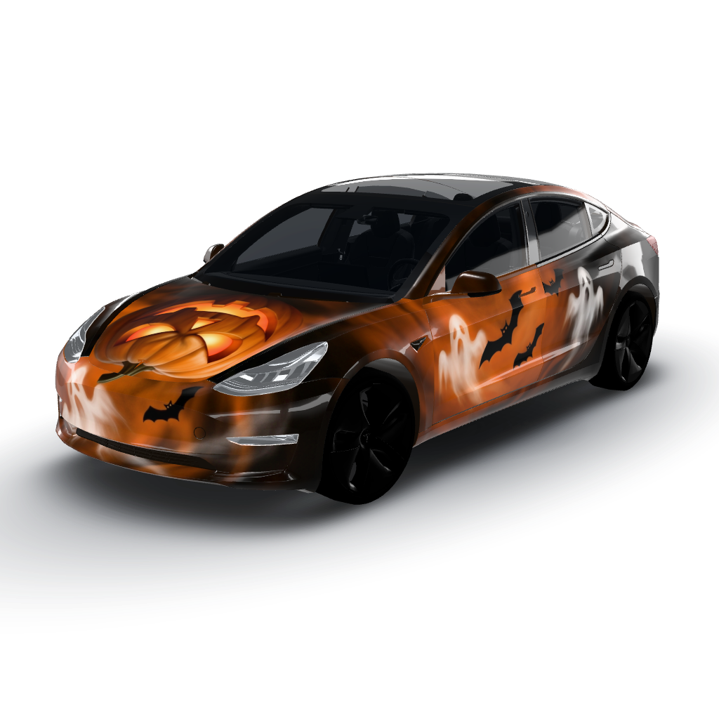 Vibrant Halloween theme with a color — a Model 3 wearing this AI wrap design