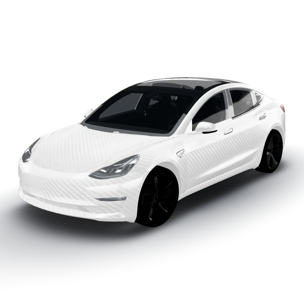 White with carbons — a Model 3 wearing this AI wrap design