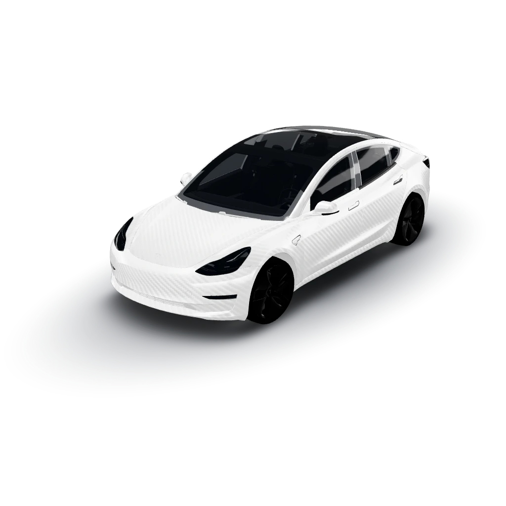 White with carbons — a Model 3 wearing this AI wrap design