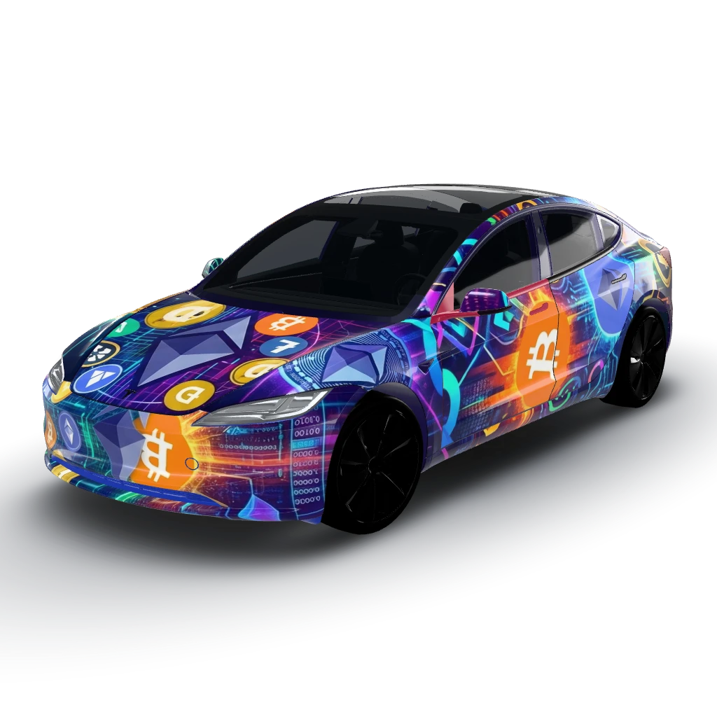 Crypto inspired wrap , bitcoin , eth, doge — a Model 3 (2024+) Standard & Premium wearing this AI wrap design