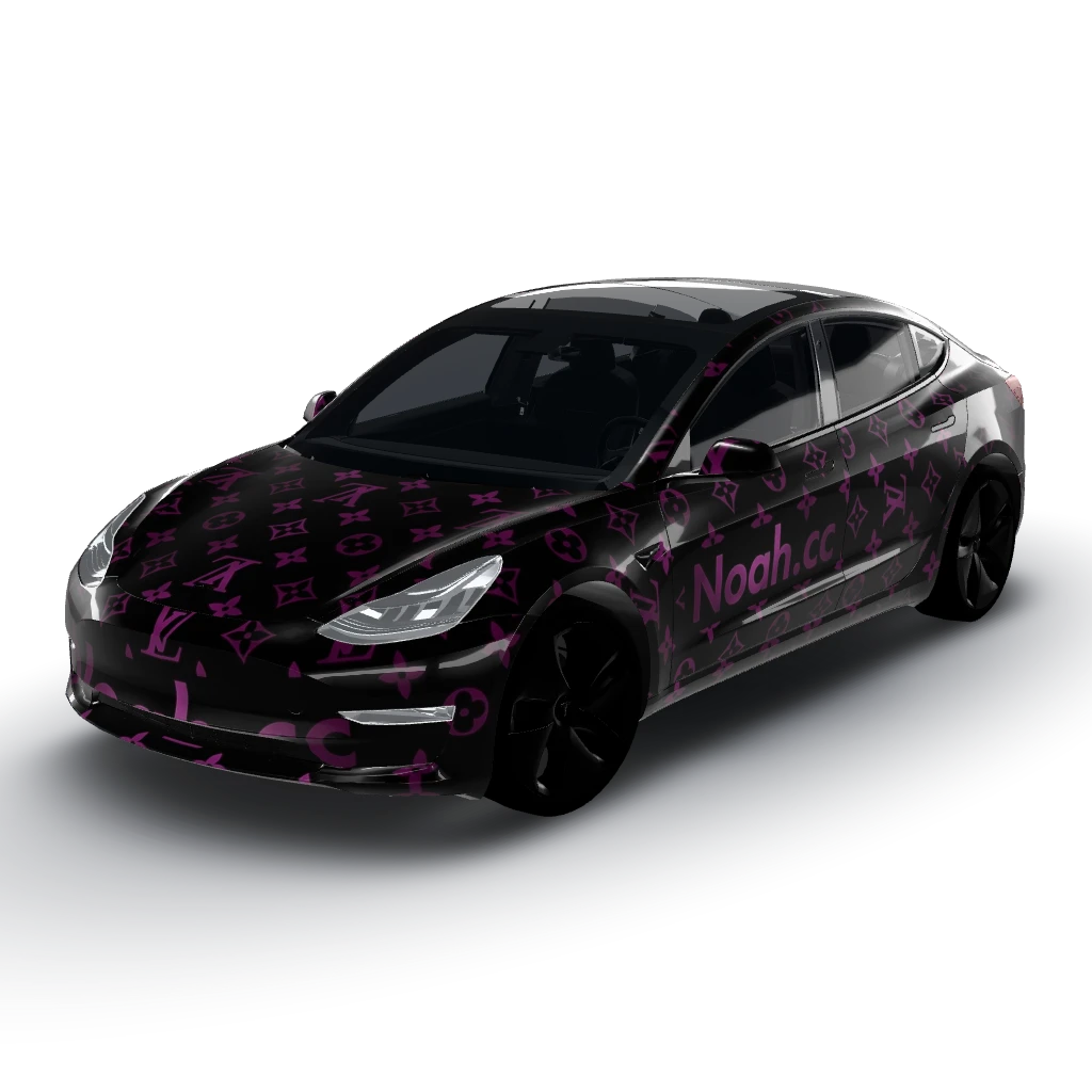 Matte black background with lv all over — a Model 3 wearing this AI wrap design