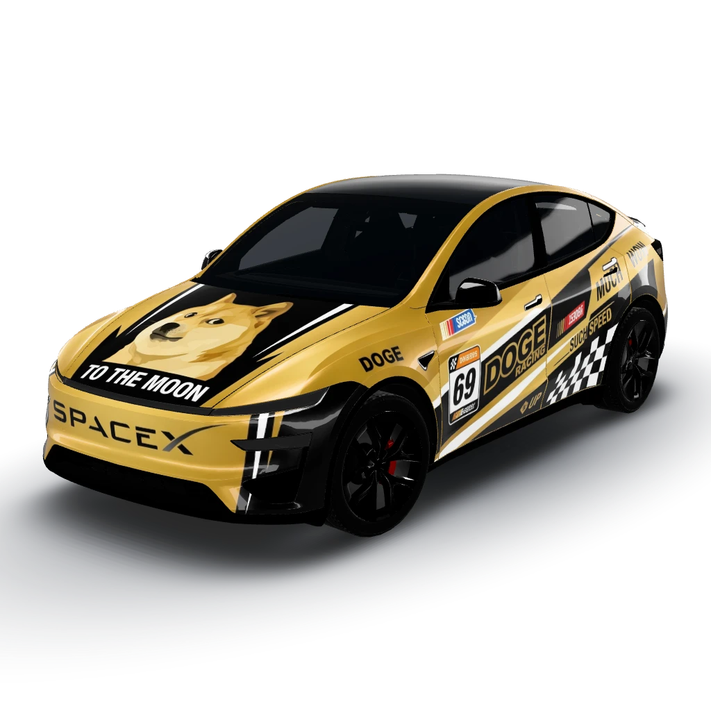 Doge theme racing liverly with space x logo — a Model Y (2025+) Performance wearing this AI wrap design