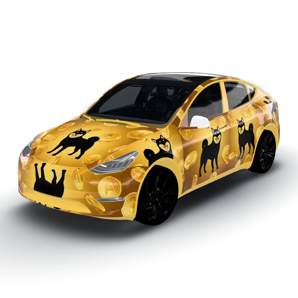 Gold coin shower with a grinning shiba — a Model Y wearing this AI wrap design
